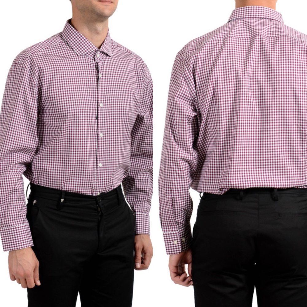 Hugo Boss Red White Check Sharp Fit Button Down Shirt 16.5, 34/35